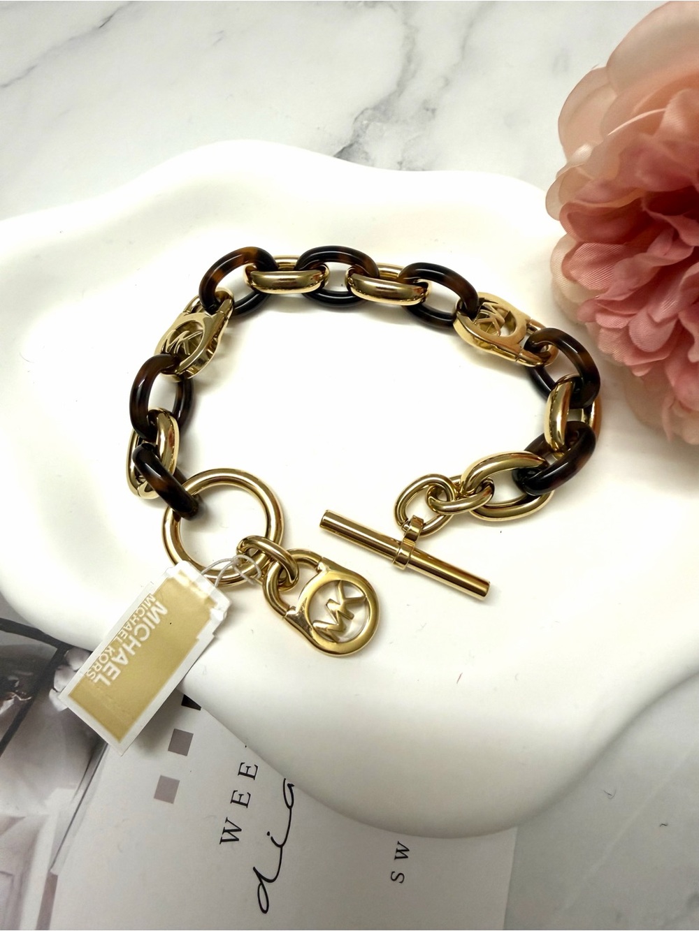 Michael Kors Gold and Tortoiseshell Link Toggle Bracelet
